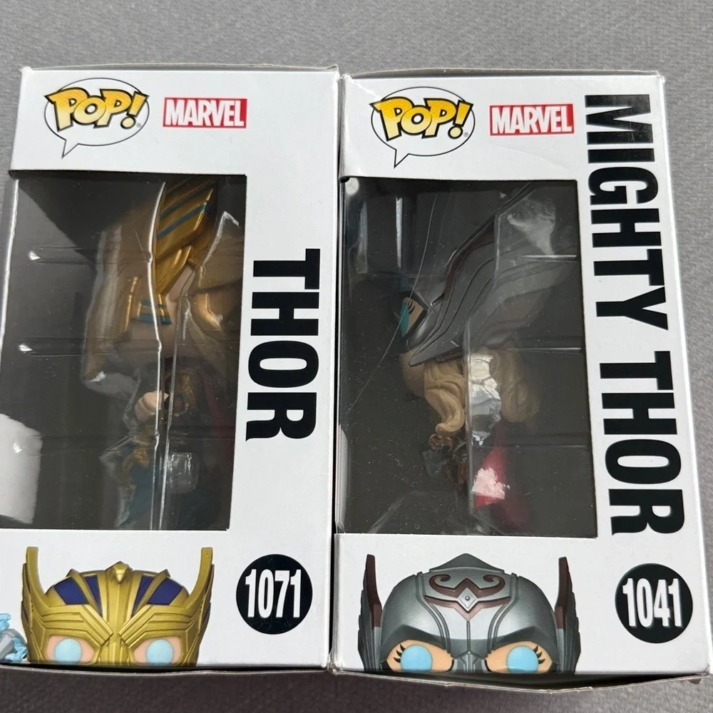 Funko Thor and Mighty Thor Figures with Gold and Silver Helmets